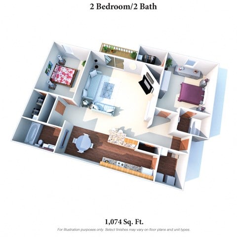 Floor plan for 2 beds, 2 baths, 1074 sqft